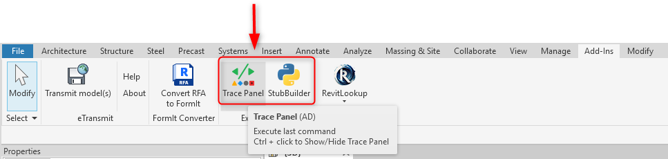 RevitDevTool ribbon and dockable panel